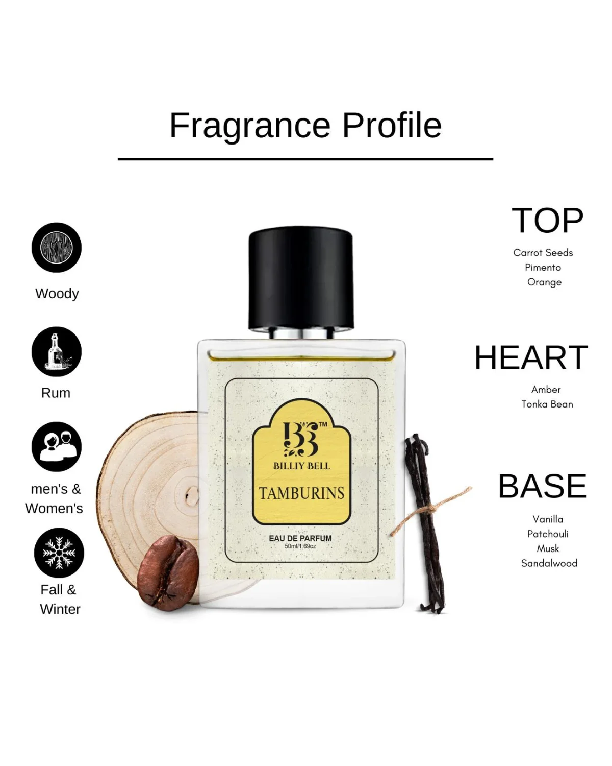 Billiy Bell Tamburins Eau De Parfum for Men – 50ml / 1.69 fl oz – Long-Lasting Woody, Coffee & Vanilla Fragrance image 4