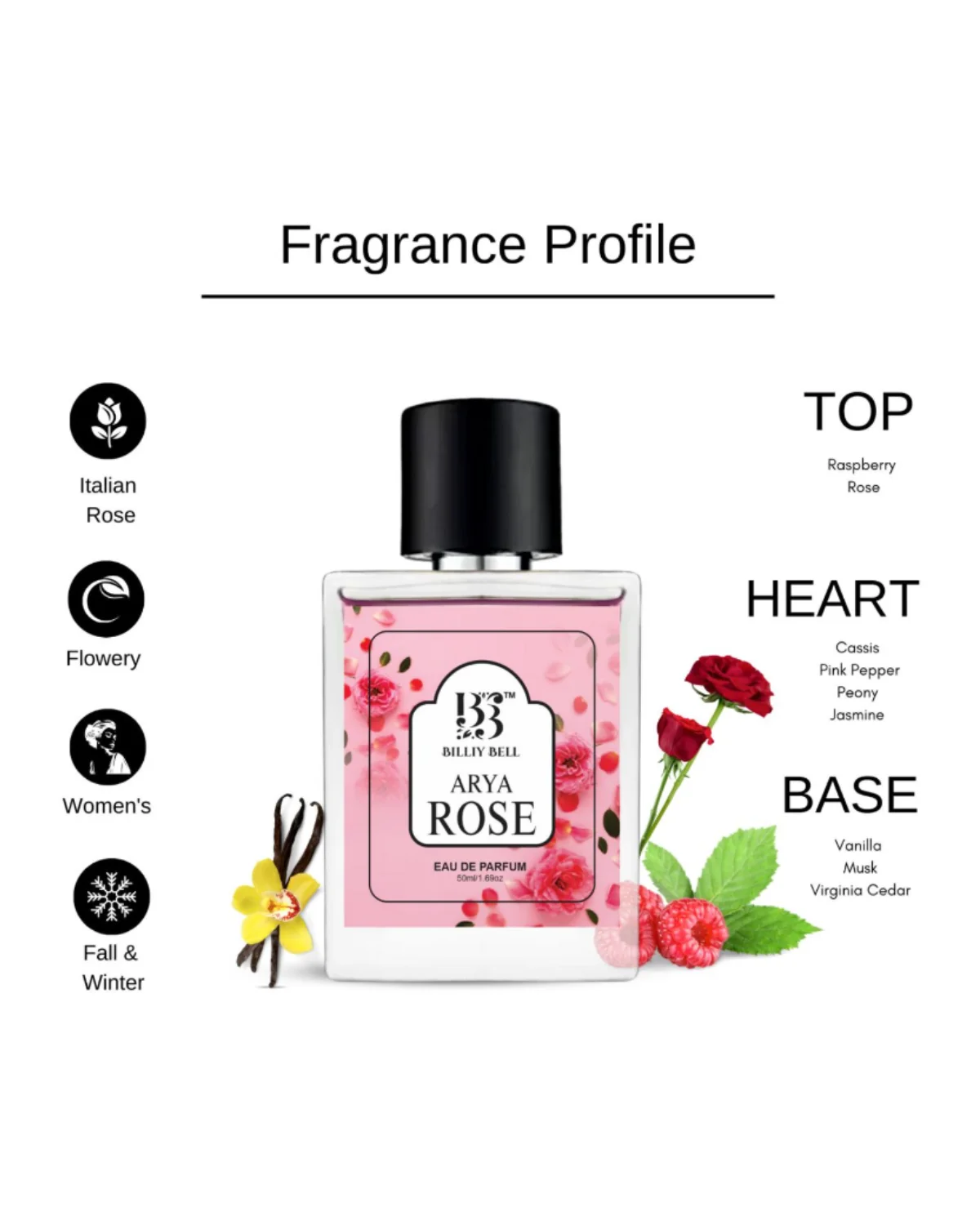 Billiy Bell Arya Rose Eau De Parfum for Women & Men – 50ml / 1.69 fl oz – Romantic Floral Rose, Sweet Raspberry & Vanilla Fragrance image 4